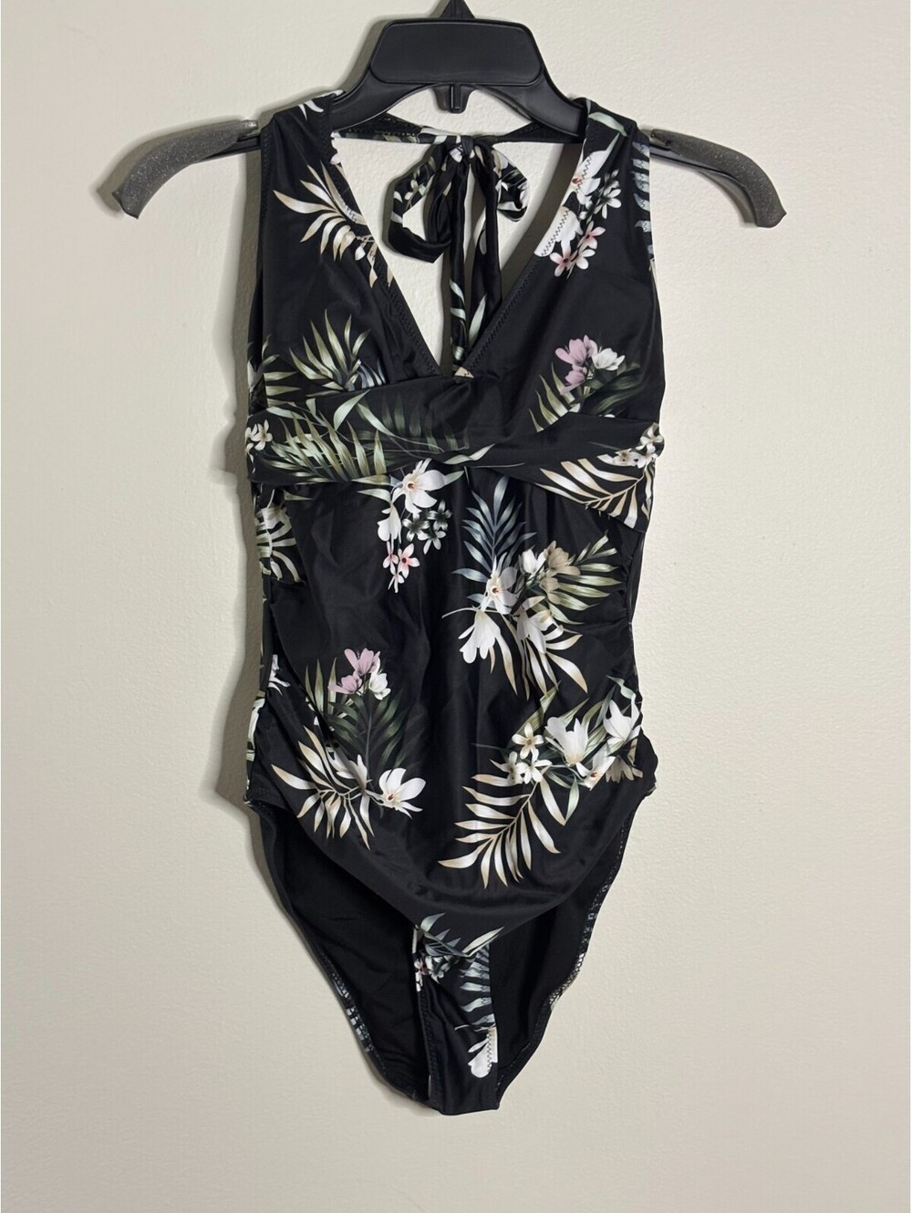 One Piece Halter Bathing Suit NWT Size M Black w/ White Tropical Floral Pattern